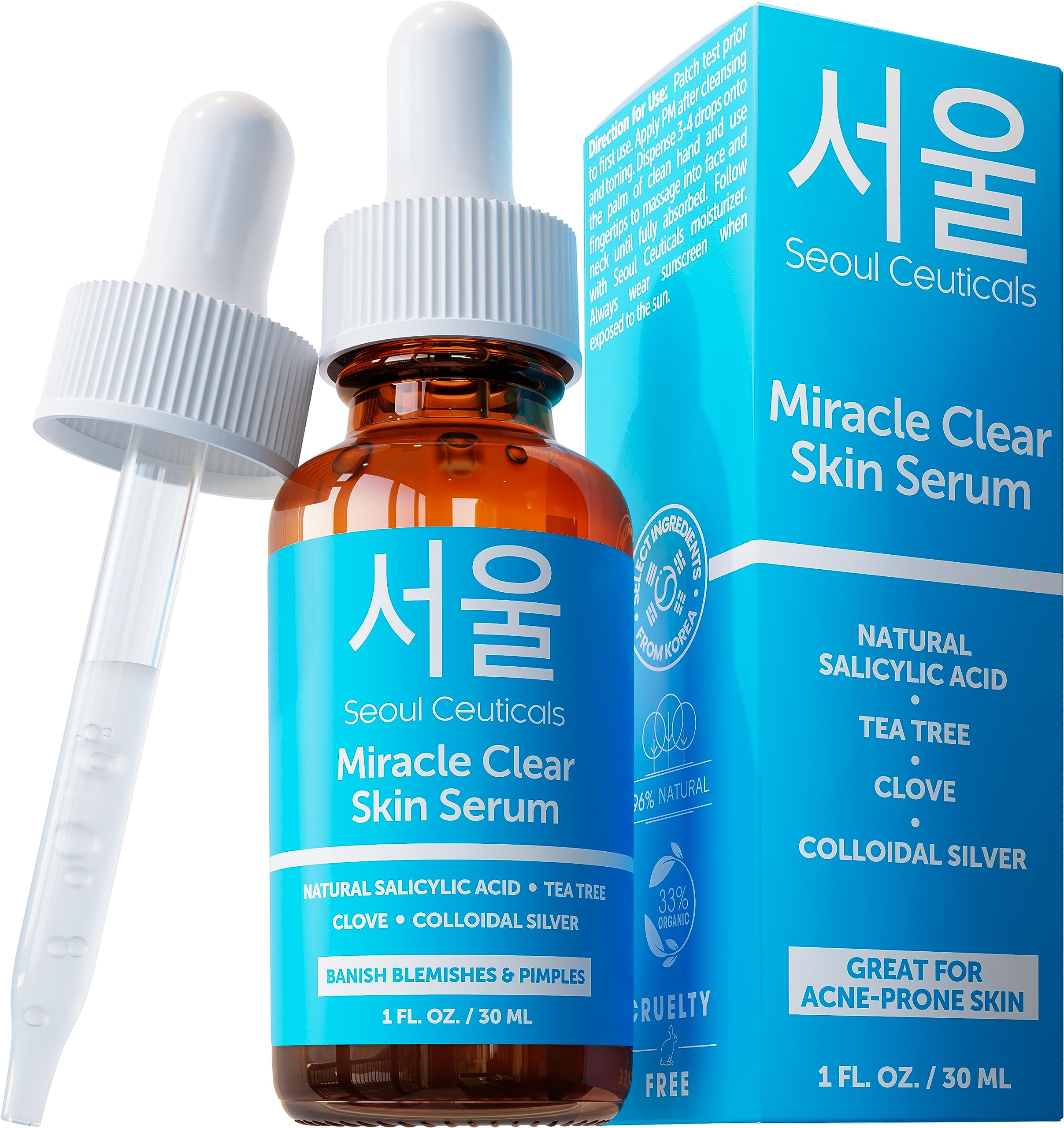 SeoulCeuticals Korean Acne Serum bottle closeup showing quick-acting blemish control for clear skin.