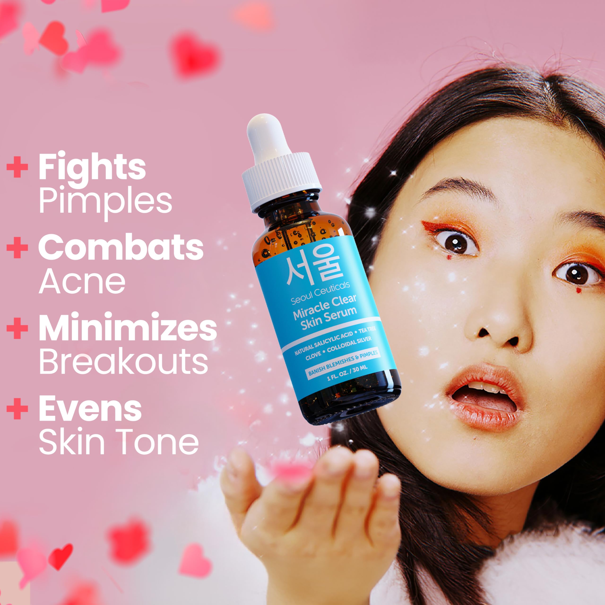 SeoulCeuticals Korean Acne Serum packaging display highlighting an easy daily routine.