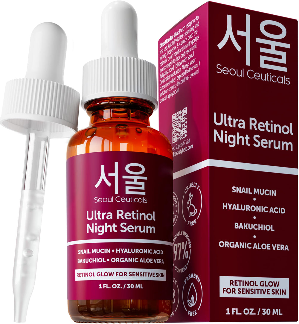 SeoulCeuticals retinol night serum bottle closeup for premium packaging and glow.