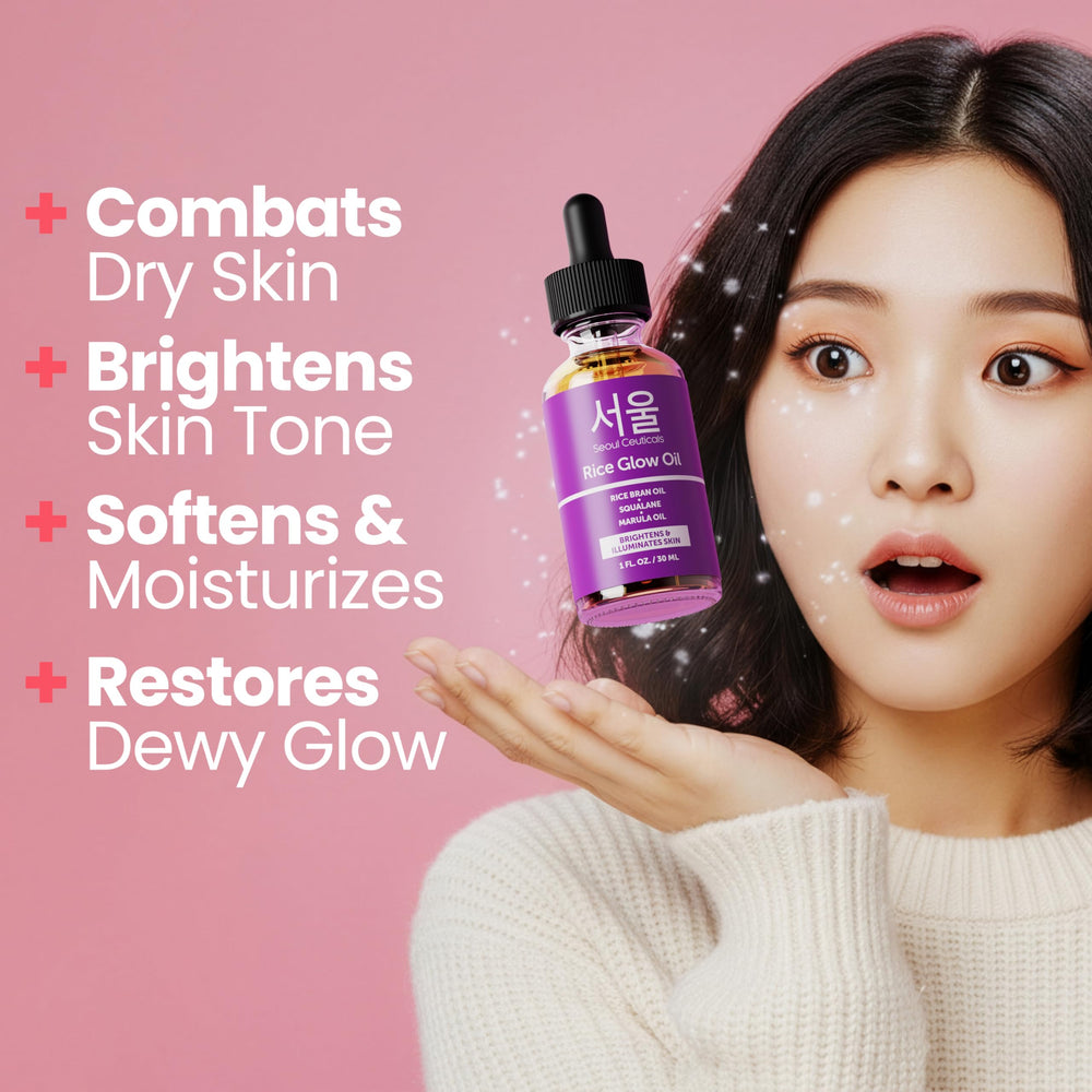 SeoulCeuticals rice bran oil bottle pour showcases easy skincare ritual.