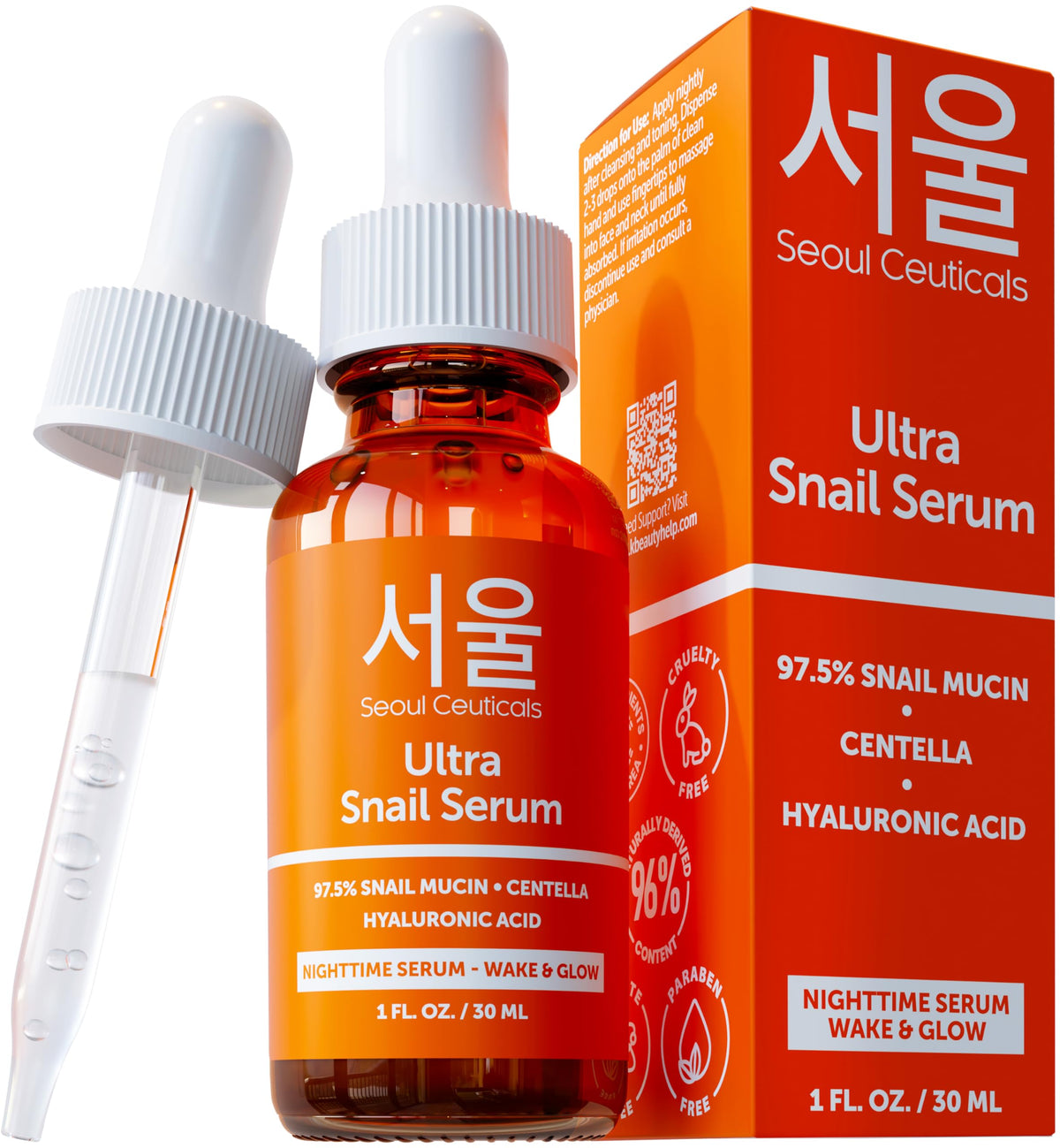 SeoulCeuticals snail mucin serum bottle for nighttime hydration and glow.