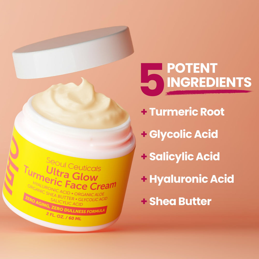 SeoulCeuticals Turmeric Cream with hyaluronic-salicylic-glycolic blend for gentle resurfacing.