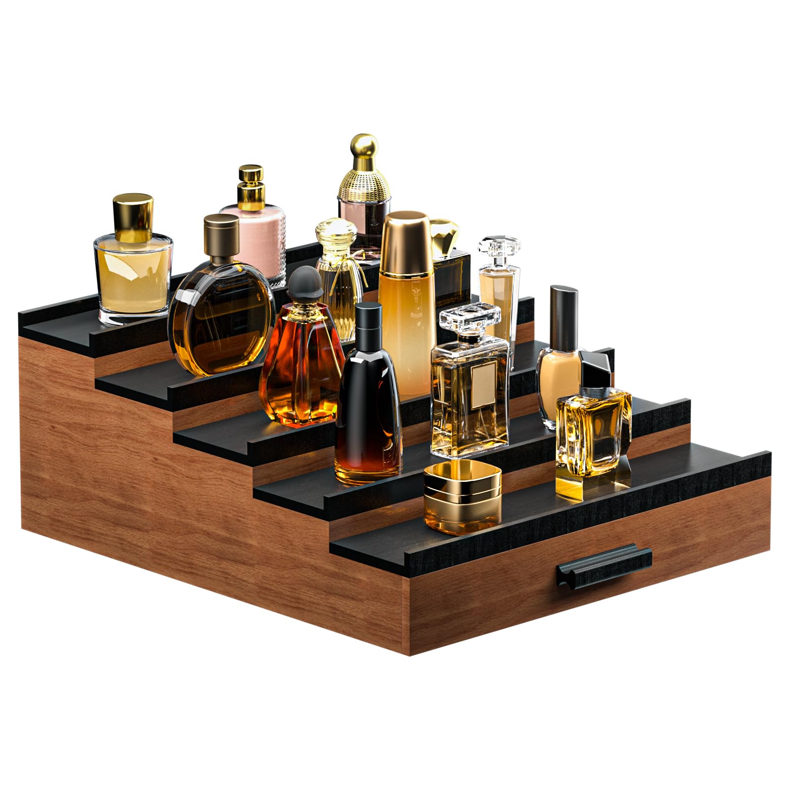 Sephyroth 5-tier organizer neatly displays colognes on a dresser for easy access.
