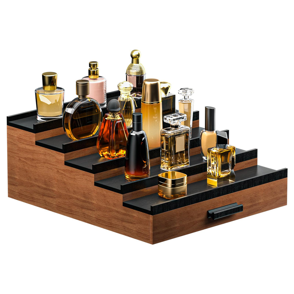 Sephyroth 5-tier organizer neatly displays colognes on a dresser for easy access.