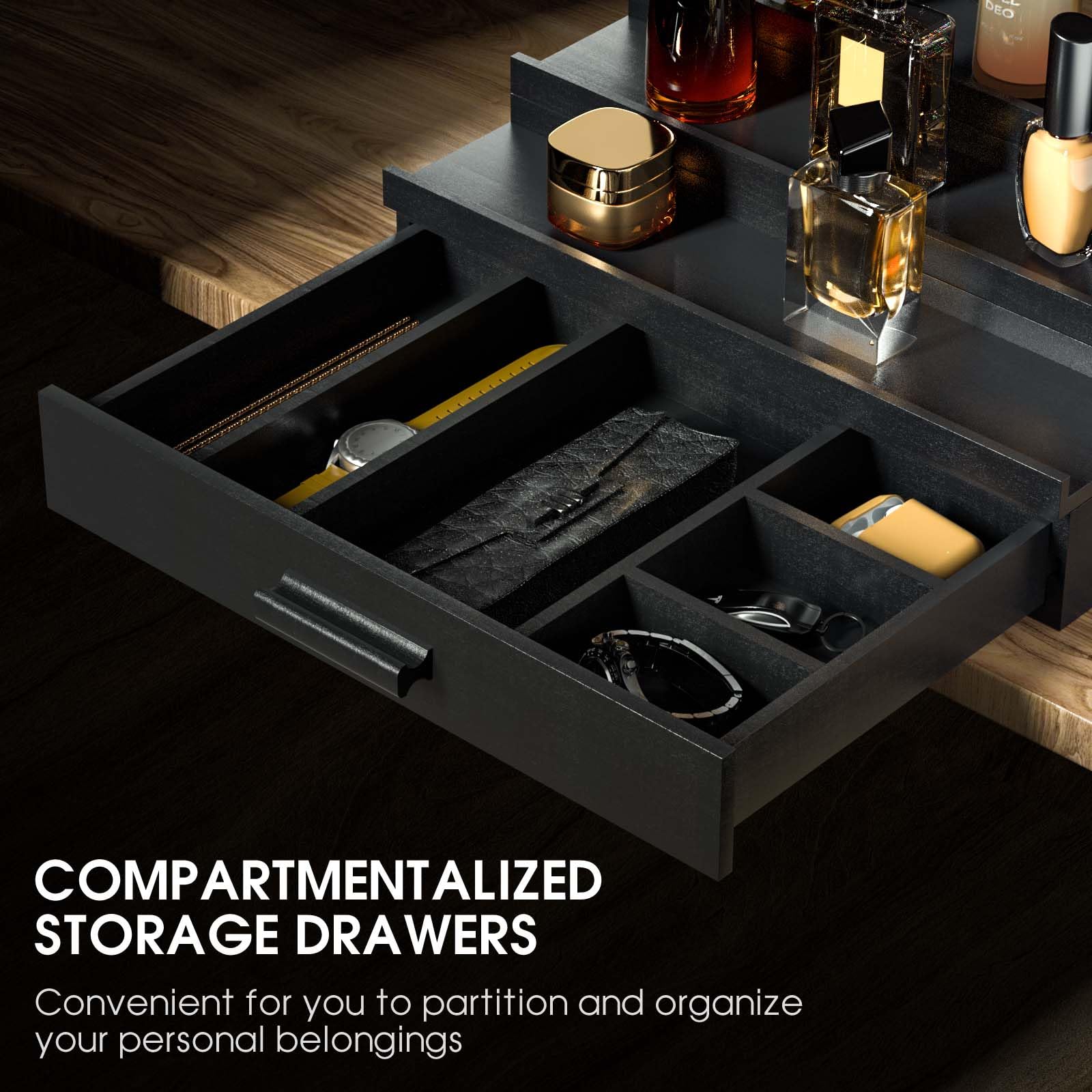 Sephyroth Cologne Organizer dressing-table setup enhances morning rituals with a tidy fragrance display.