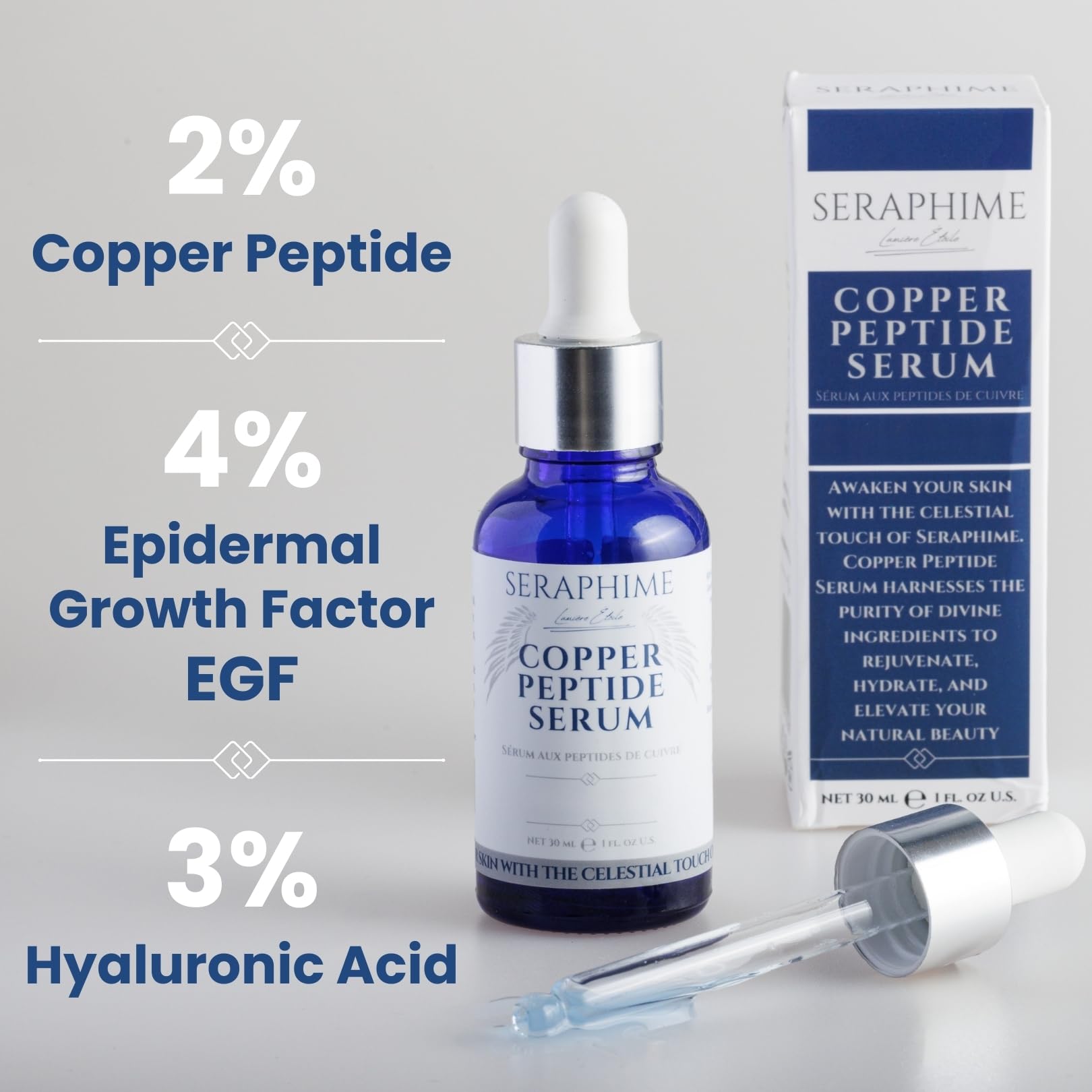 Seraphime Copper Peptides Serum dropper close-up shows precise application