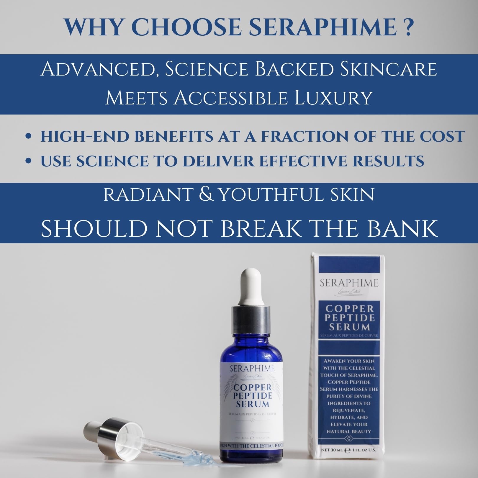 Seraphime Copper Peptides Serum packaging emphasizes clean, premium presentation