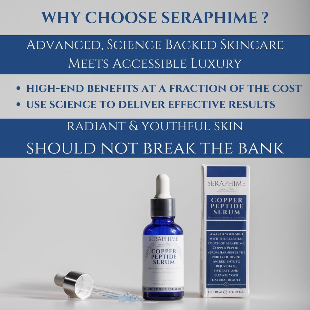 Seraphime Copper Peptides Serum packaging emphasizes clean, premium presentation
