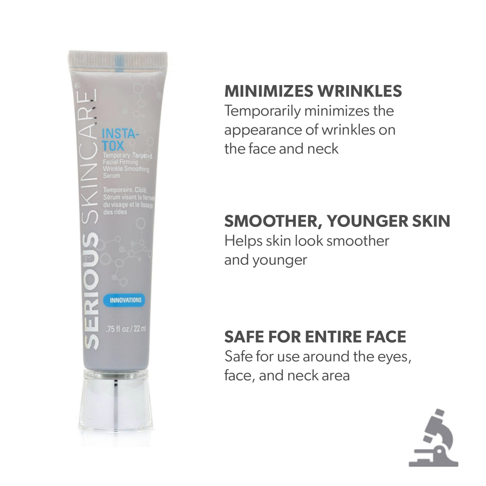 Serious Skincare INSTA-TOX pore-blurring effect visible on smooth complexion.