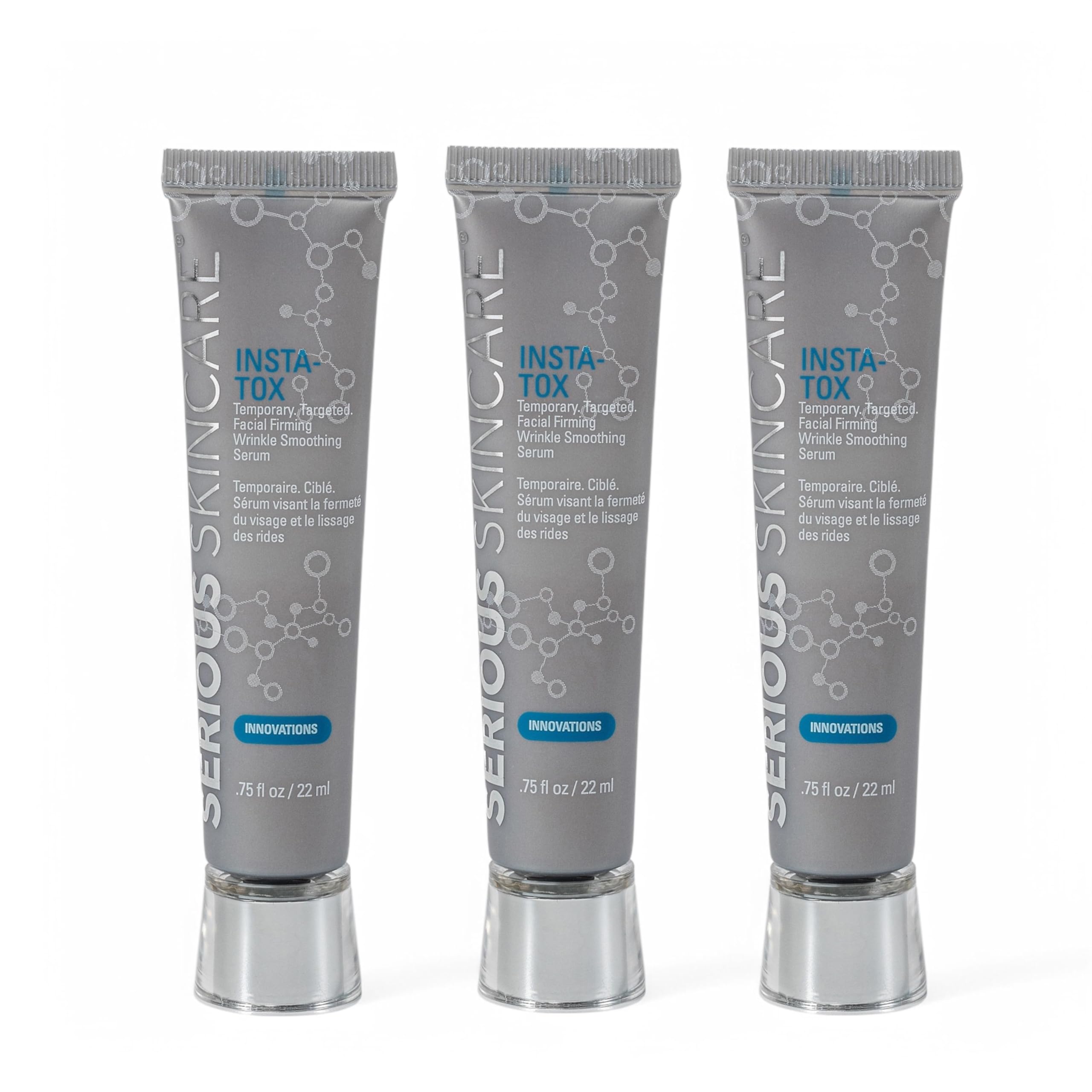 Serious Skincare INSTA-TOX trio packaging shows a convenient three-pack for quick skincare routines.