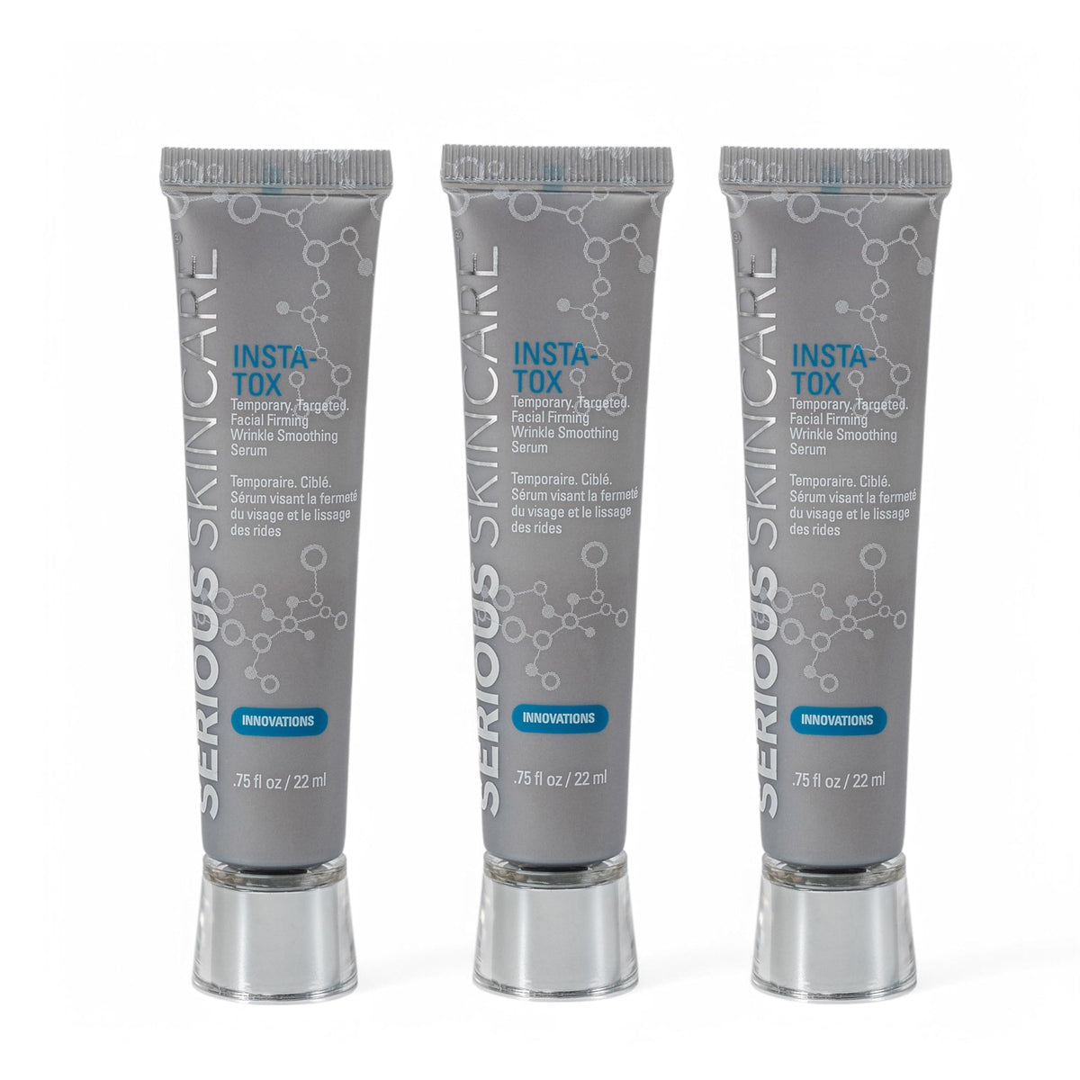 Serious Skincare INSTA-TOX trio packaging shows a convenient three-pack for quick skincare routines.
