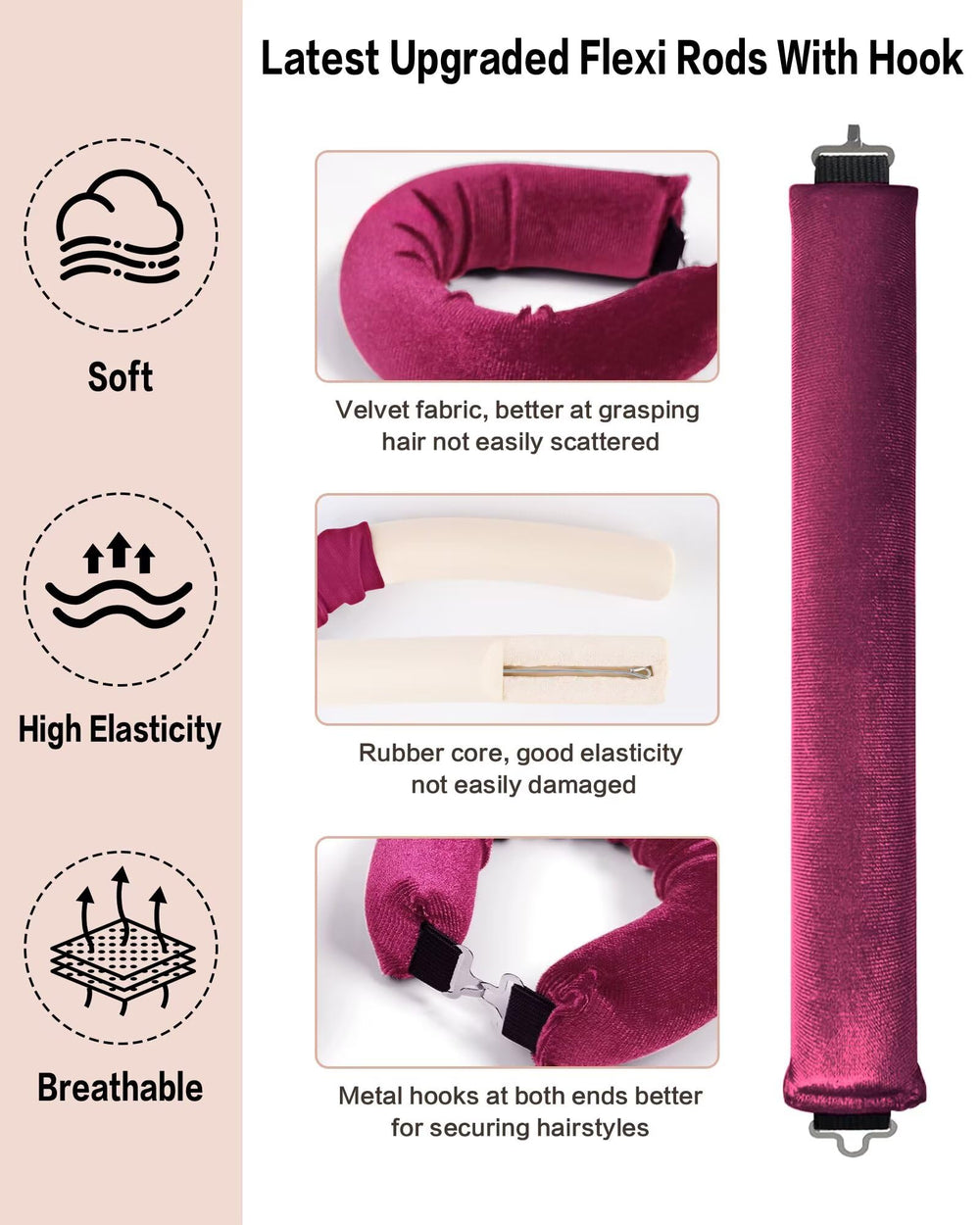 Seritant flexible curl rods design provides secure placement without pins or clips.
