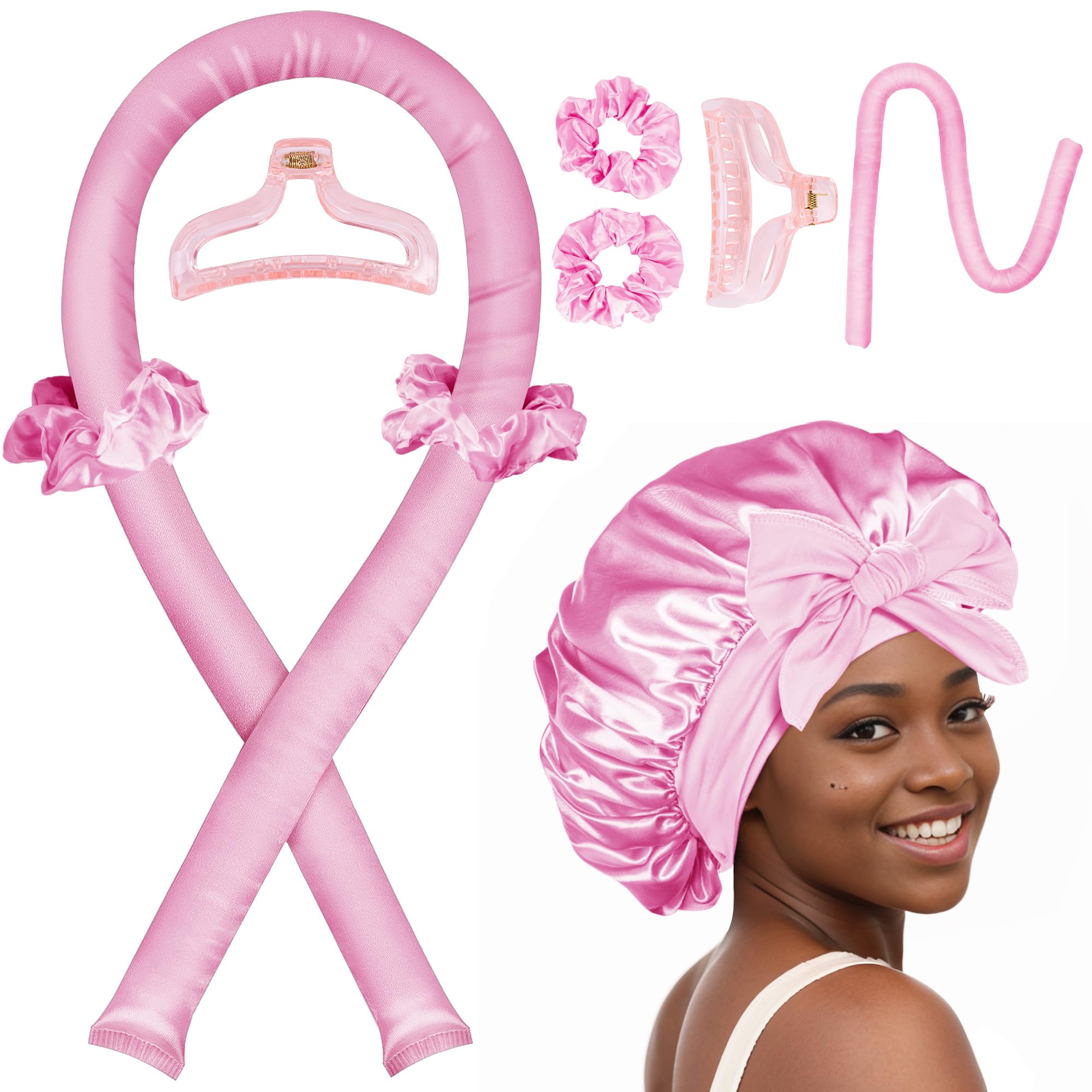 Seritant heatless curler pink satin bonnet closeup shows gentle overnight curl comfort
