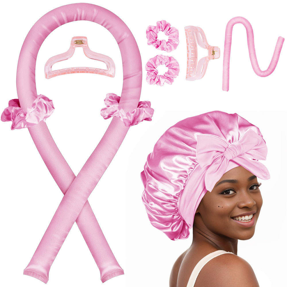 Seritant heatless curler pink satin bonnet closeup shows gentle overnight curl comfort