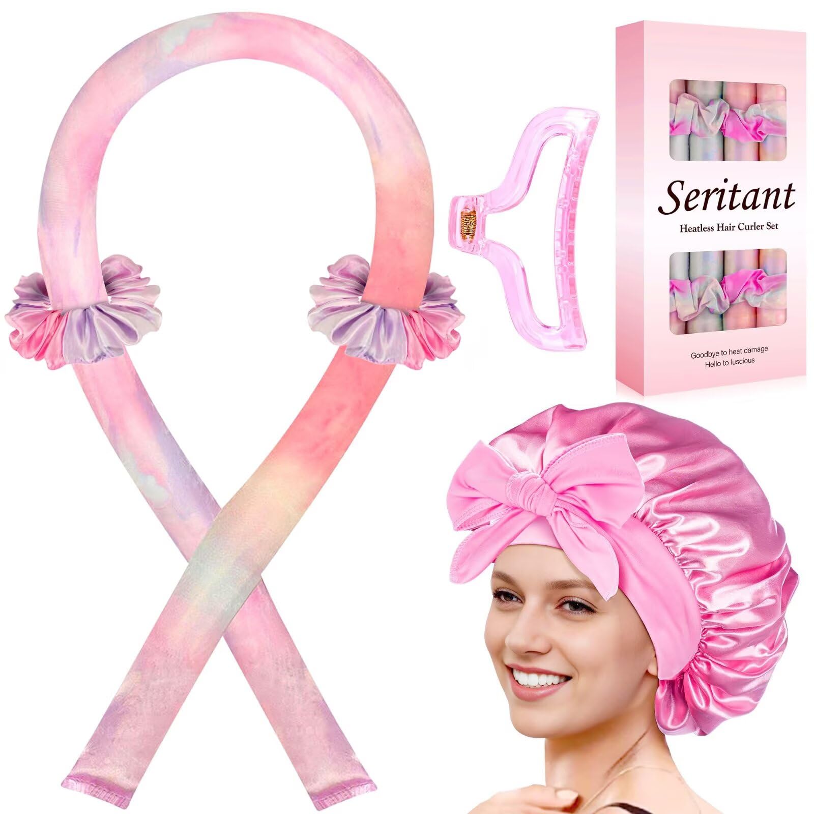 Seritant heatless curling rod 39in pink tie-dye for overnight waves