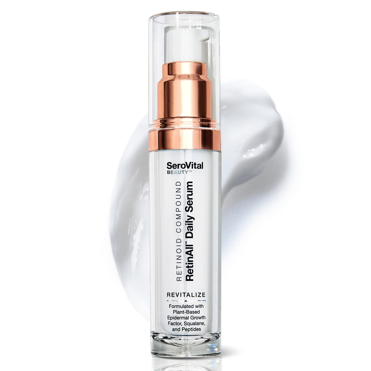 Serovital RetinAll daily serum bottle highlights a hydrating retinoid formula for smoother, brighter skin.