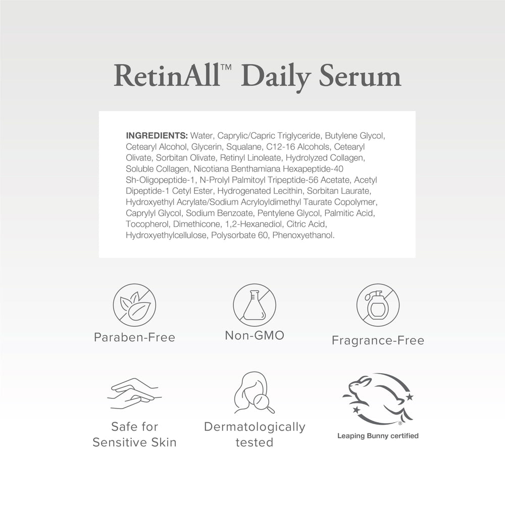 Serovital RetinAll daily serum peptides highlight lifting support for firmer-looking skin.