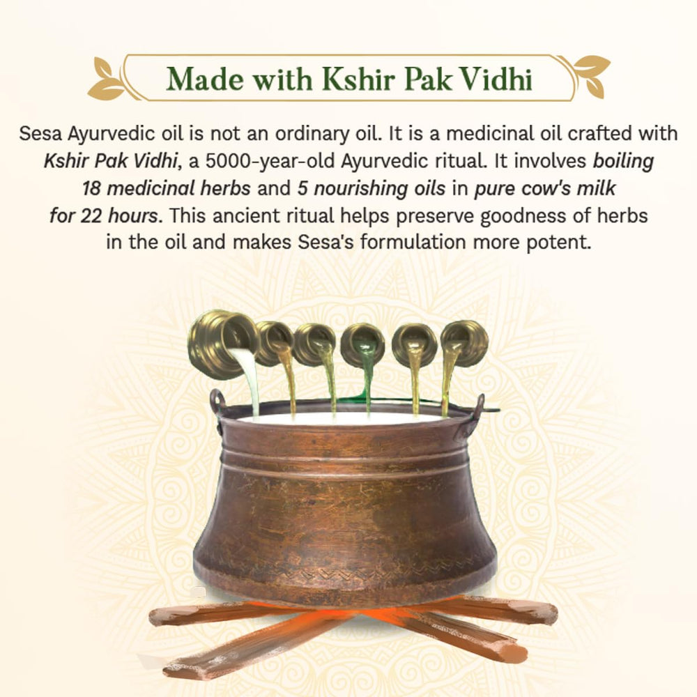 sesa Ayurvedic Hair Oil close-up with bhringraj and herbs for potent blend