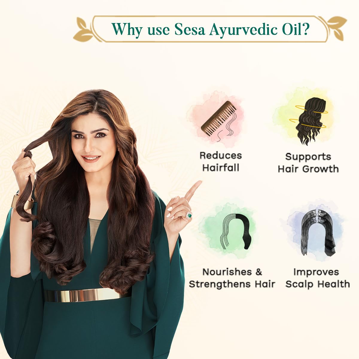sesa Ayurvedic Oil bottle highlights coconut and sesame oils for natural nourishment