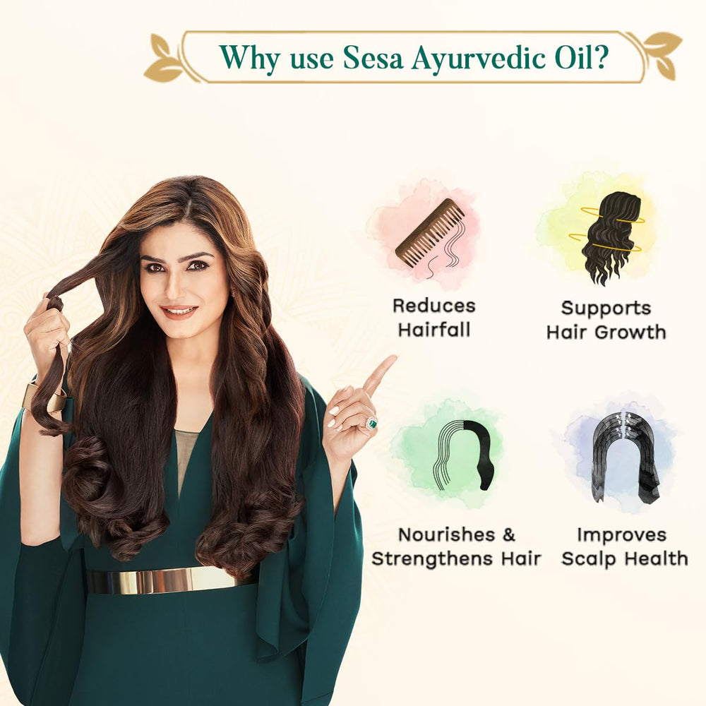 sesa Ayurvedic Oil bottle highlights coconut and sesame oils for natural nourishment