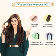 sesa Ayurvedic Oil bottle highlights coconut and sesame oils for natural nourishment