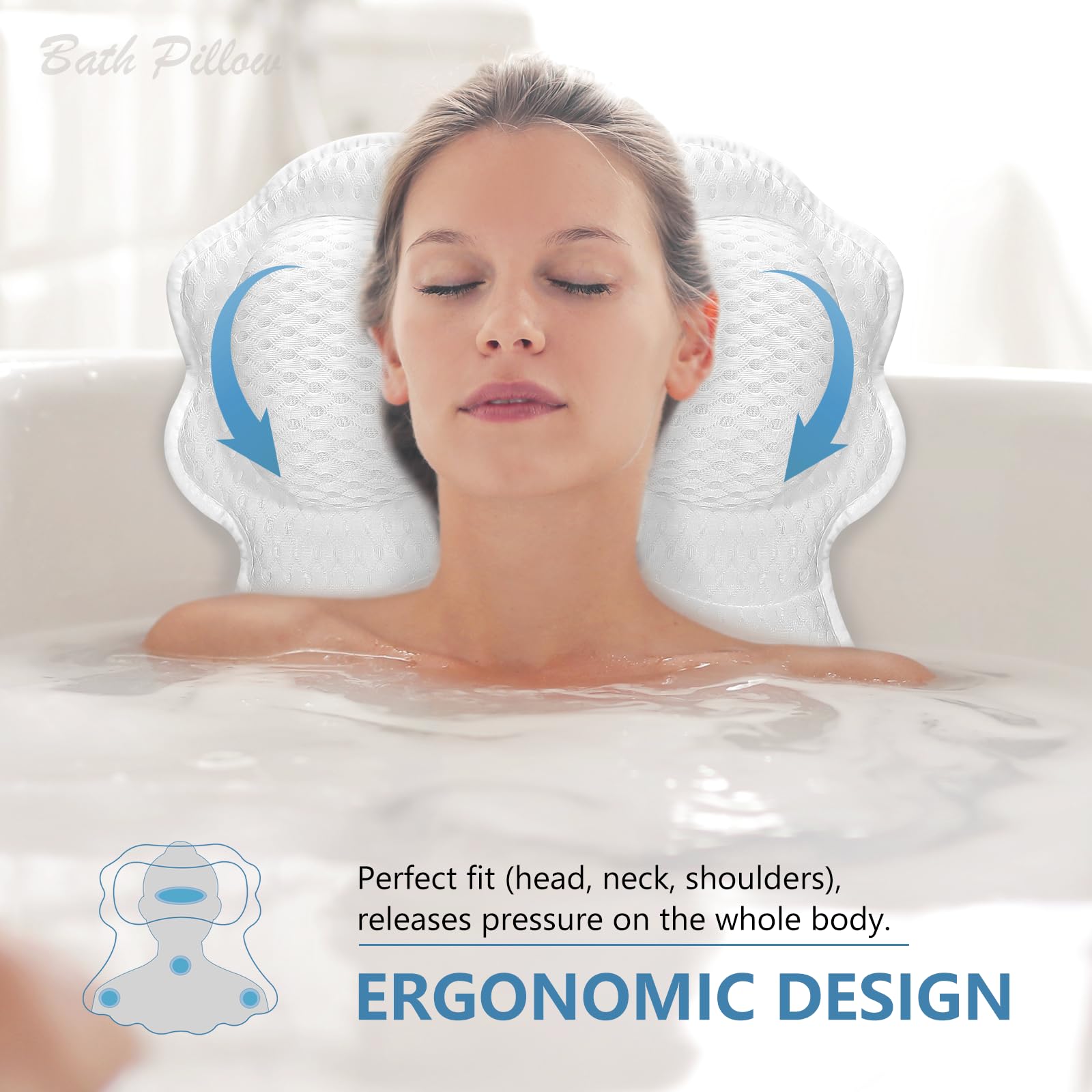 SetSail bath pillow 4D air mesh offers breathable, quick-drying comfort