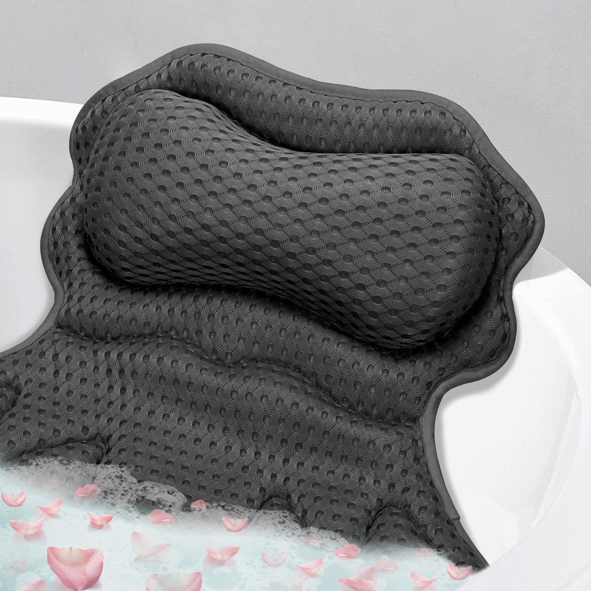 Setsail bath pillow front view highlighting ergonomic neck and shoulder support.