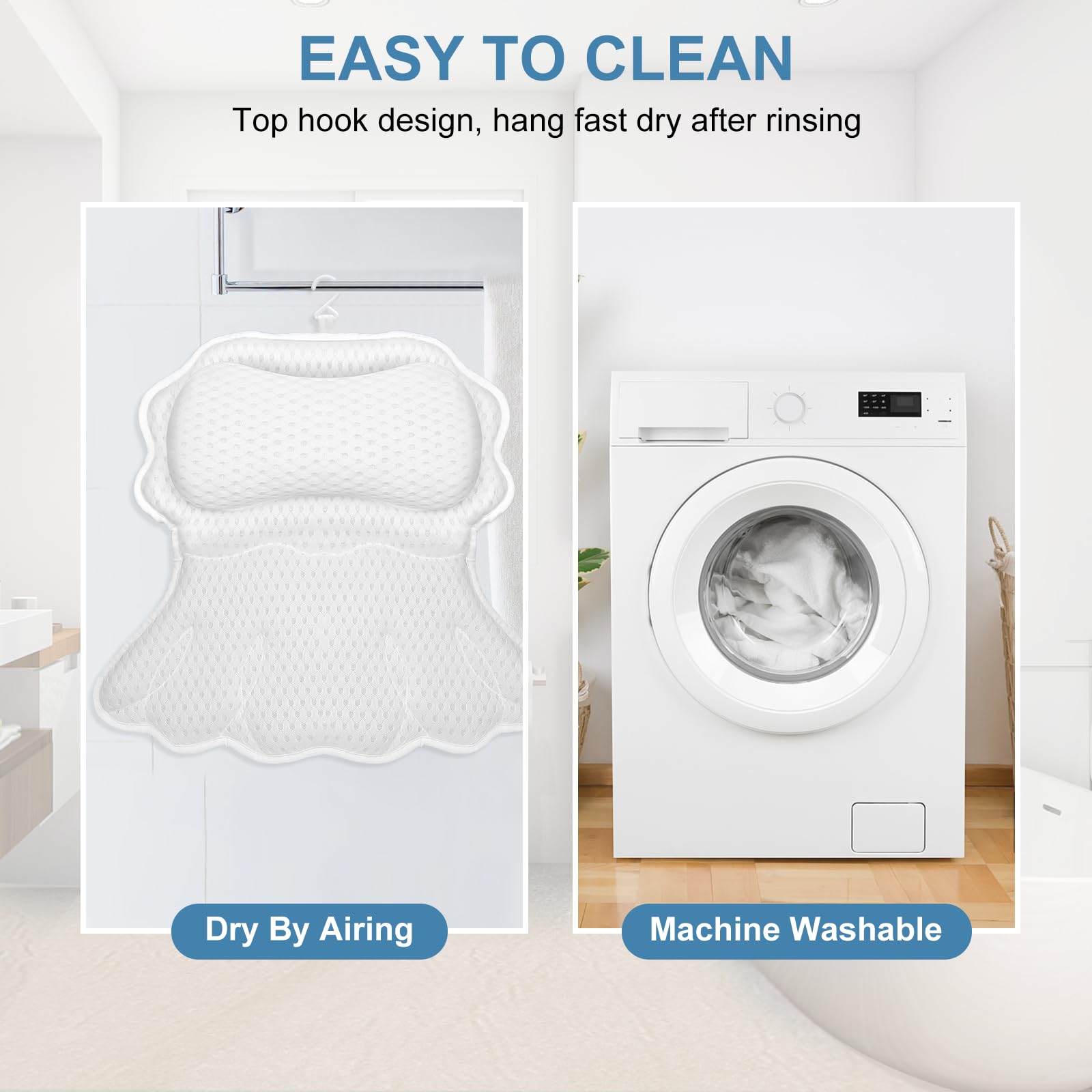 SetSail bath pillow includes a hook for quick drying after washing