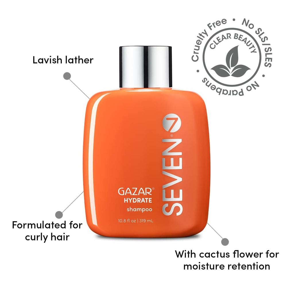 SEVEN Gazar Hydrate packaging front communicates sulfate- and parabene-free care