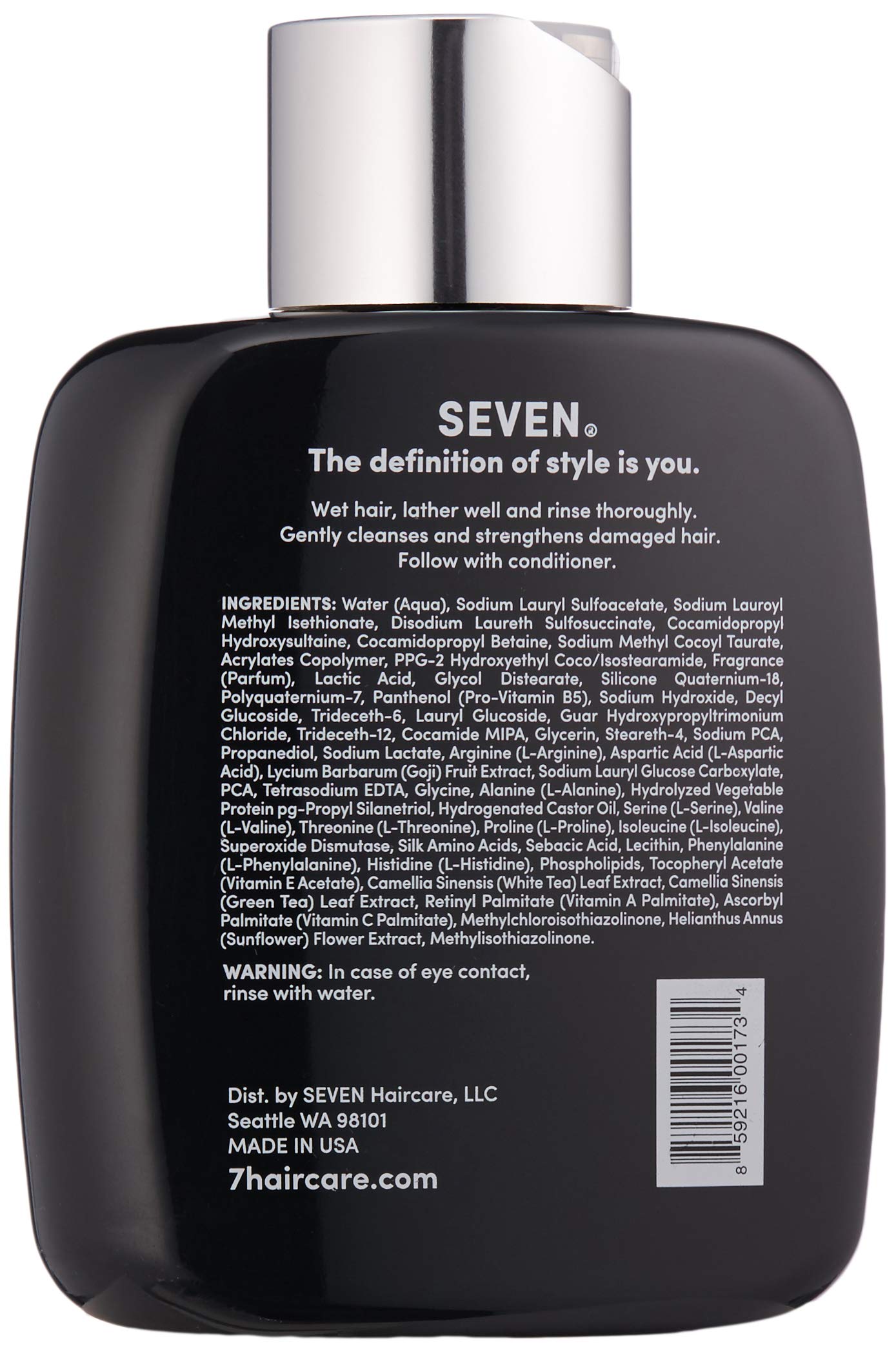 SEVEN Kente Bond Shampoo label closeup shows cruelty-free USA-made quality