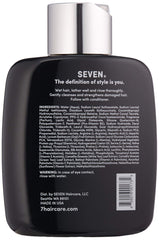 SEVEN Kente Bond Shampoo label closeup shows cruelty-free USA-made quality