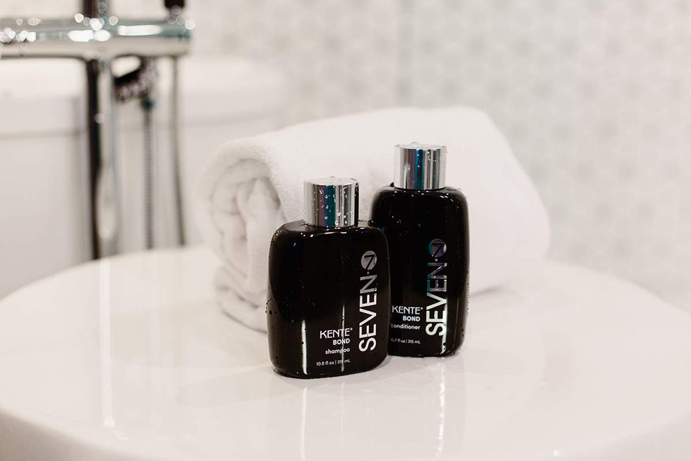 SEVEN Kente Bond Shampoo Made in USA badge communicates trusted craftsmanship