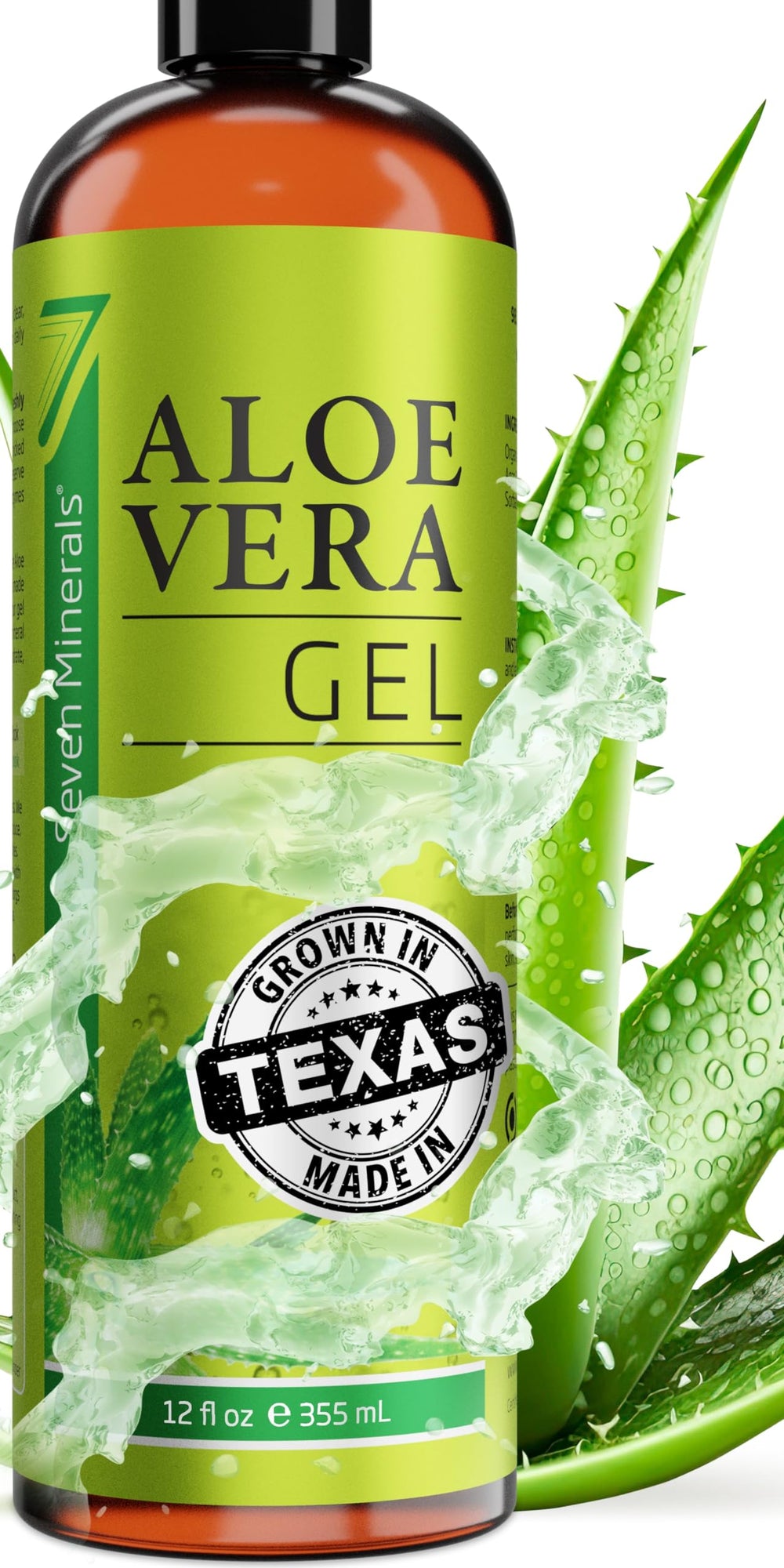 Seven Minerals Aloe Vera Gel bottle pouring shows easy, mess-free skin application.