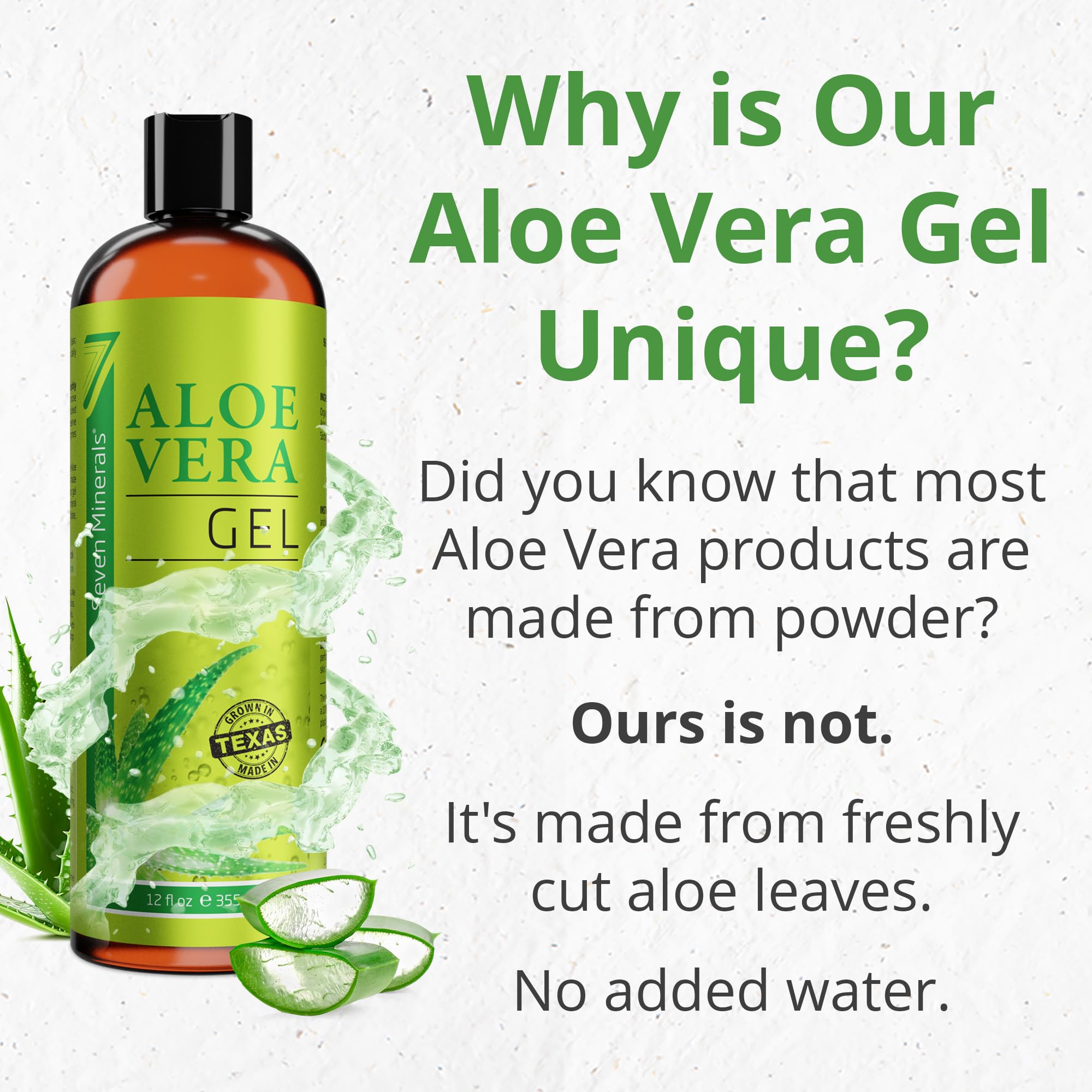 Seven Minerals Aloe Gel used on hair to moisturize and calm scalp.