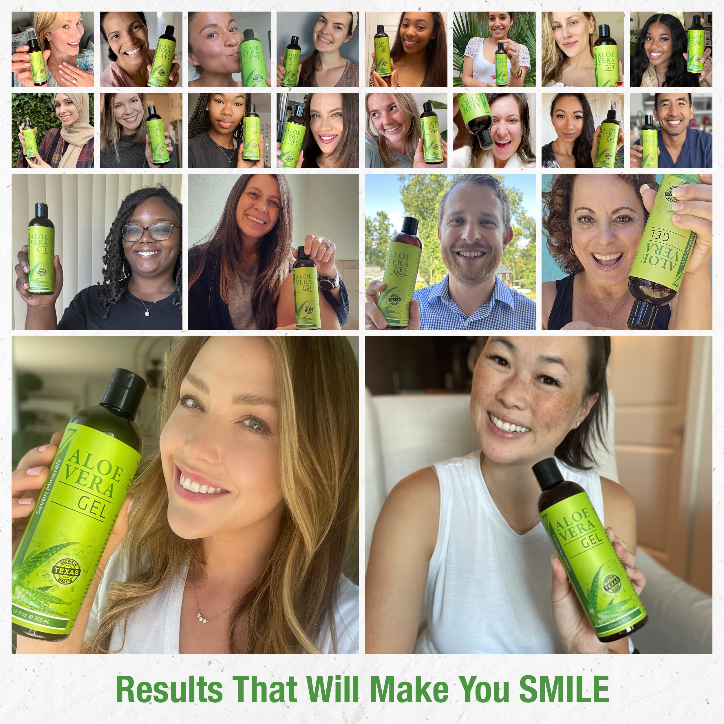 Seven Minerals Aloe Gel from fresh leaf cut-open demonstrates pure, plant-based sourcing.