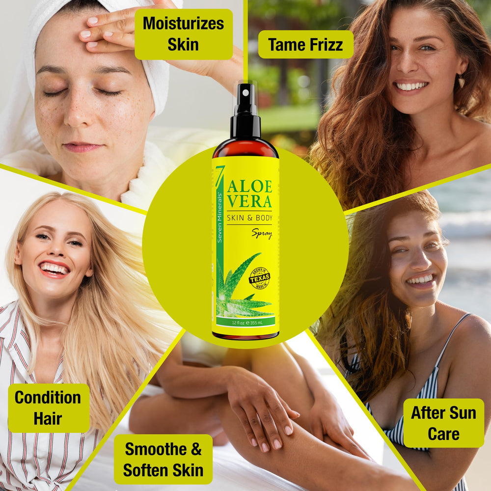 Seven Minerals Aloe Vera Spray used on hair to smooth and refresh