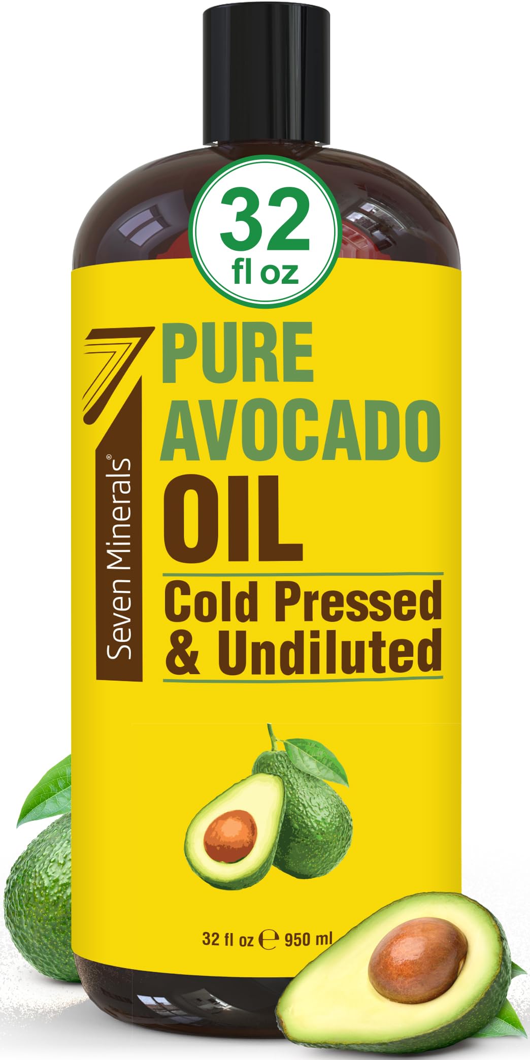 Seven Minerals avocado oil 32oz bottle, ideal for daily hair and skin hydration.