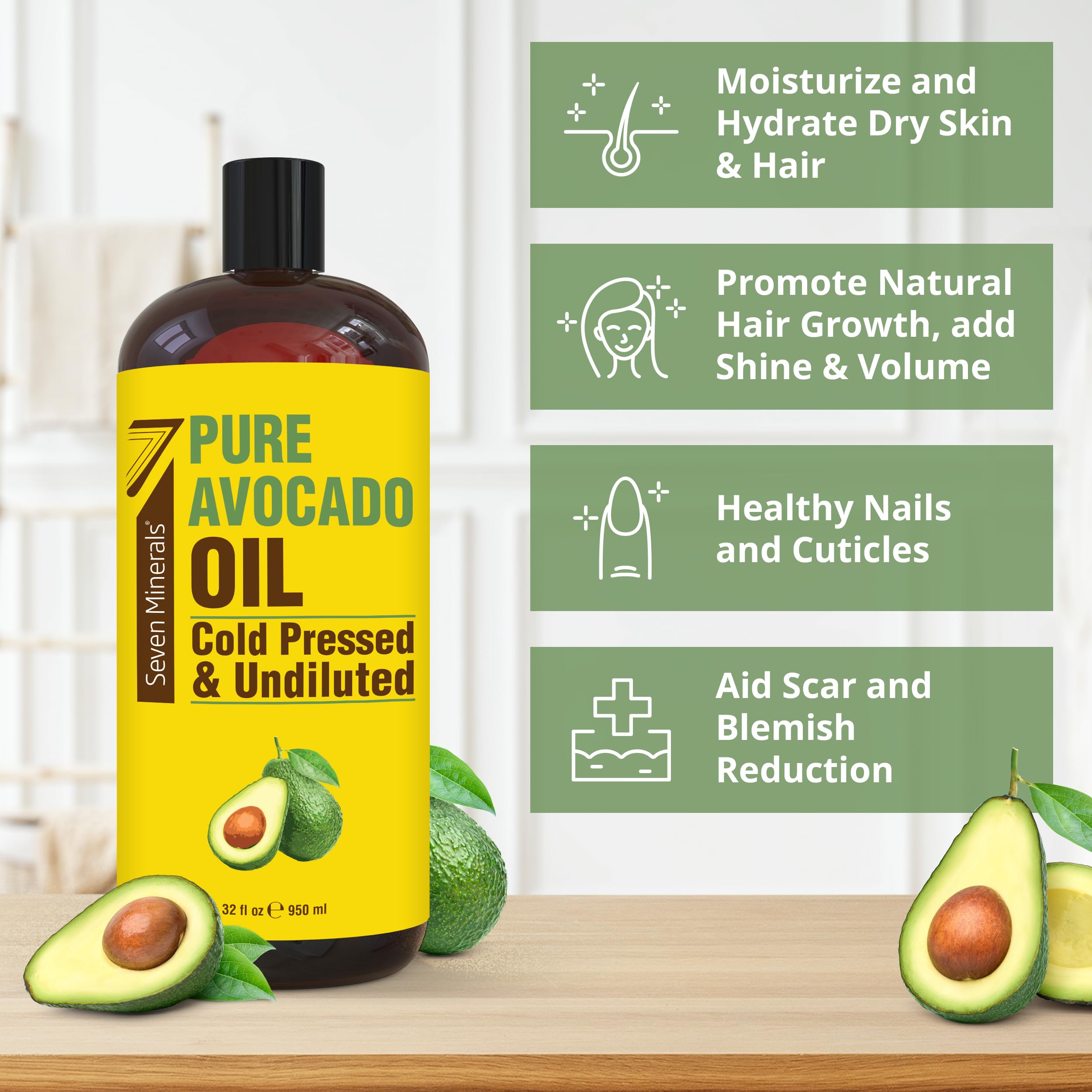 Seven Minerals avocado oil hair treatment, nourishes and adds natural shine.