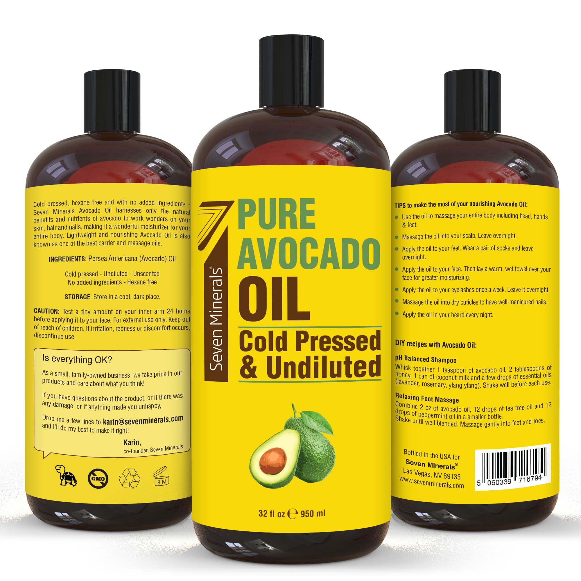 Seven Minerals avocado oil packaging closeup, premium hexane-free oil for DIY use.