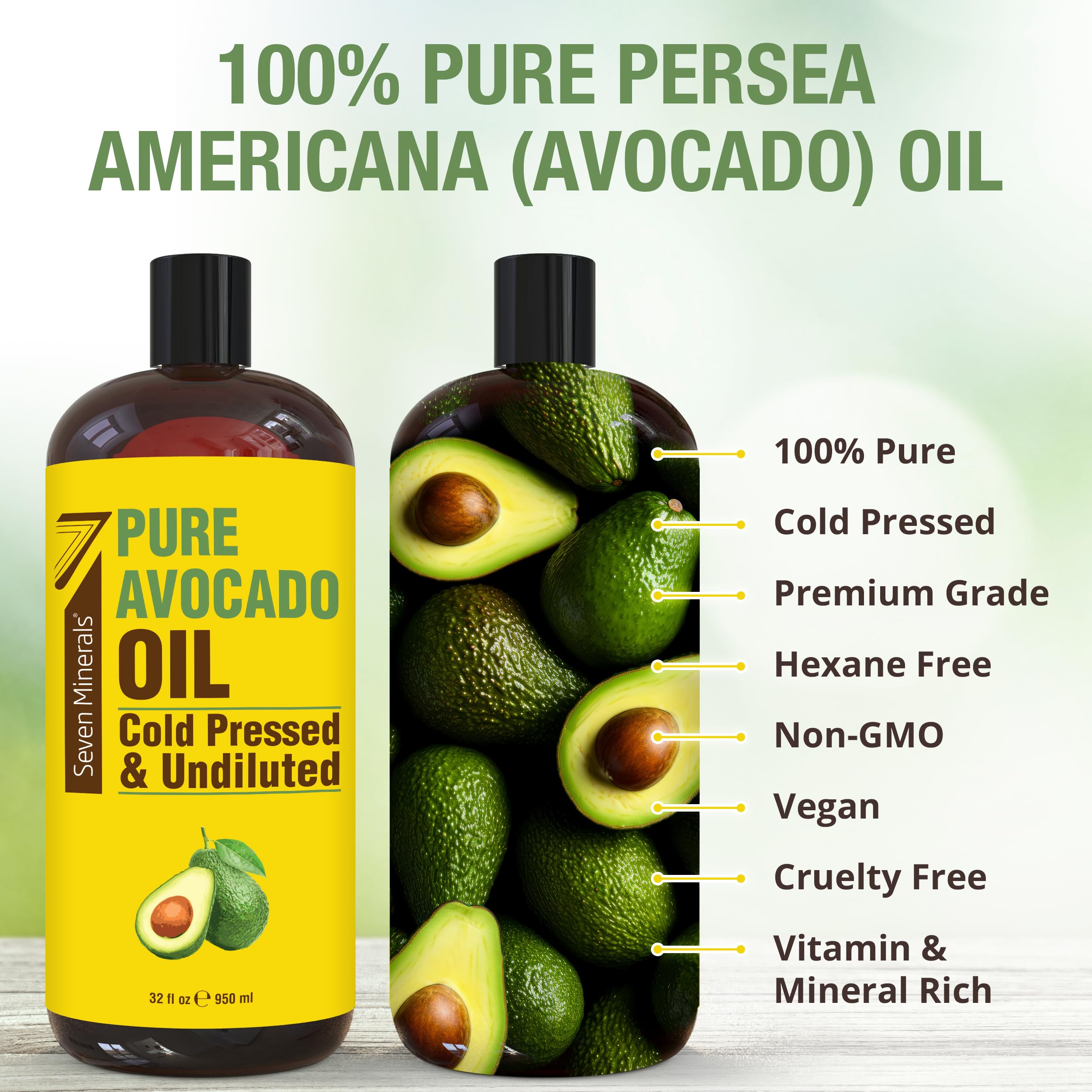 Seven Minerals avocado oil pour bottle, easy dispensing for routines.
