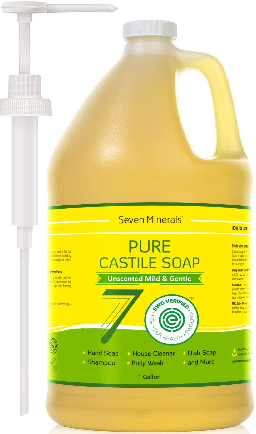 Seven Minerals Castile Soap bottle pour demonstrates unscented, gentle cleansing for sensitive skin