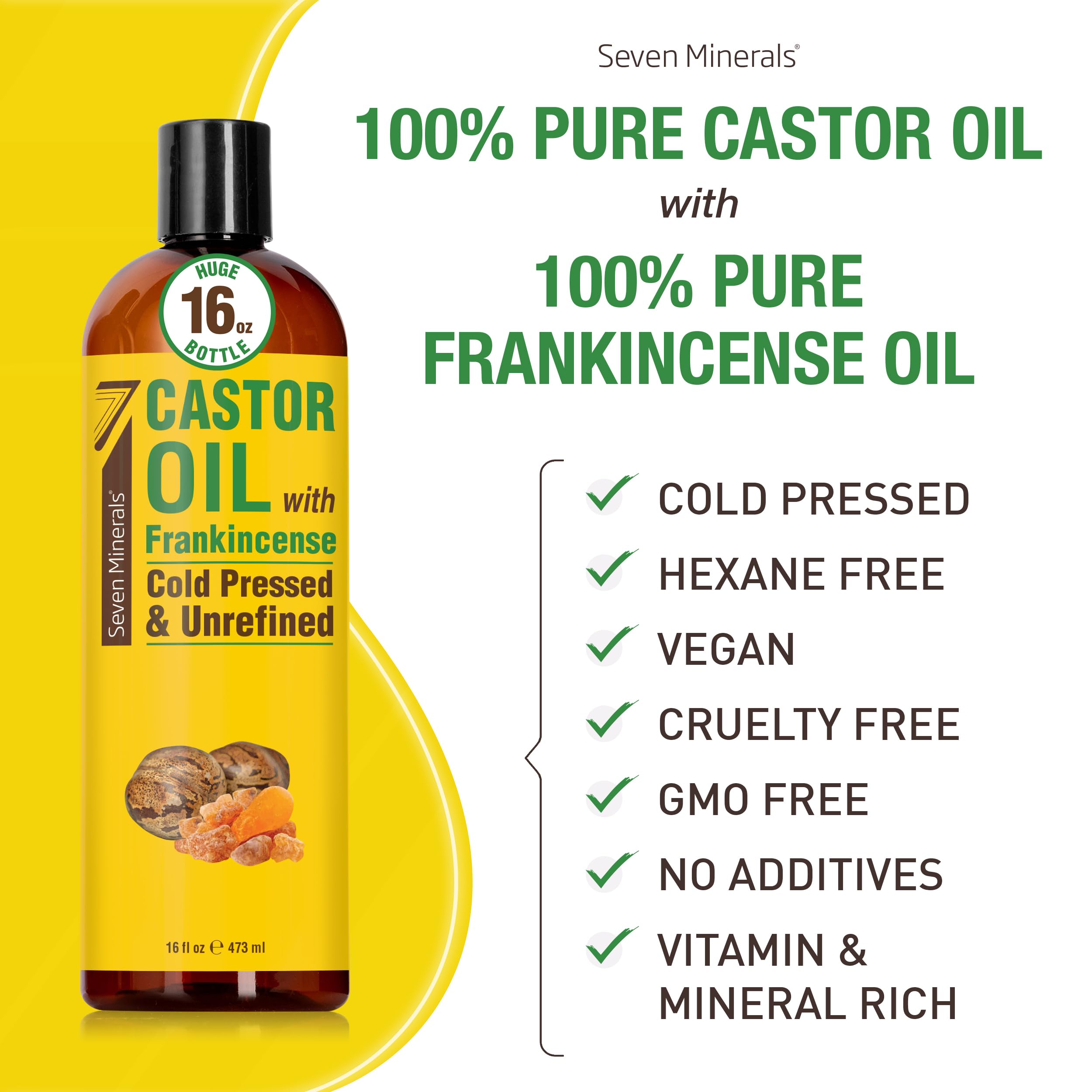 Seven Minerals castor oil frankincense label showing two-ingredient purity.
