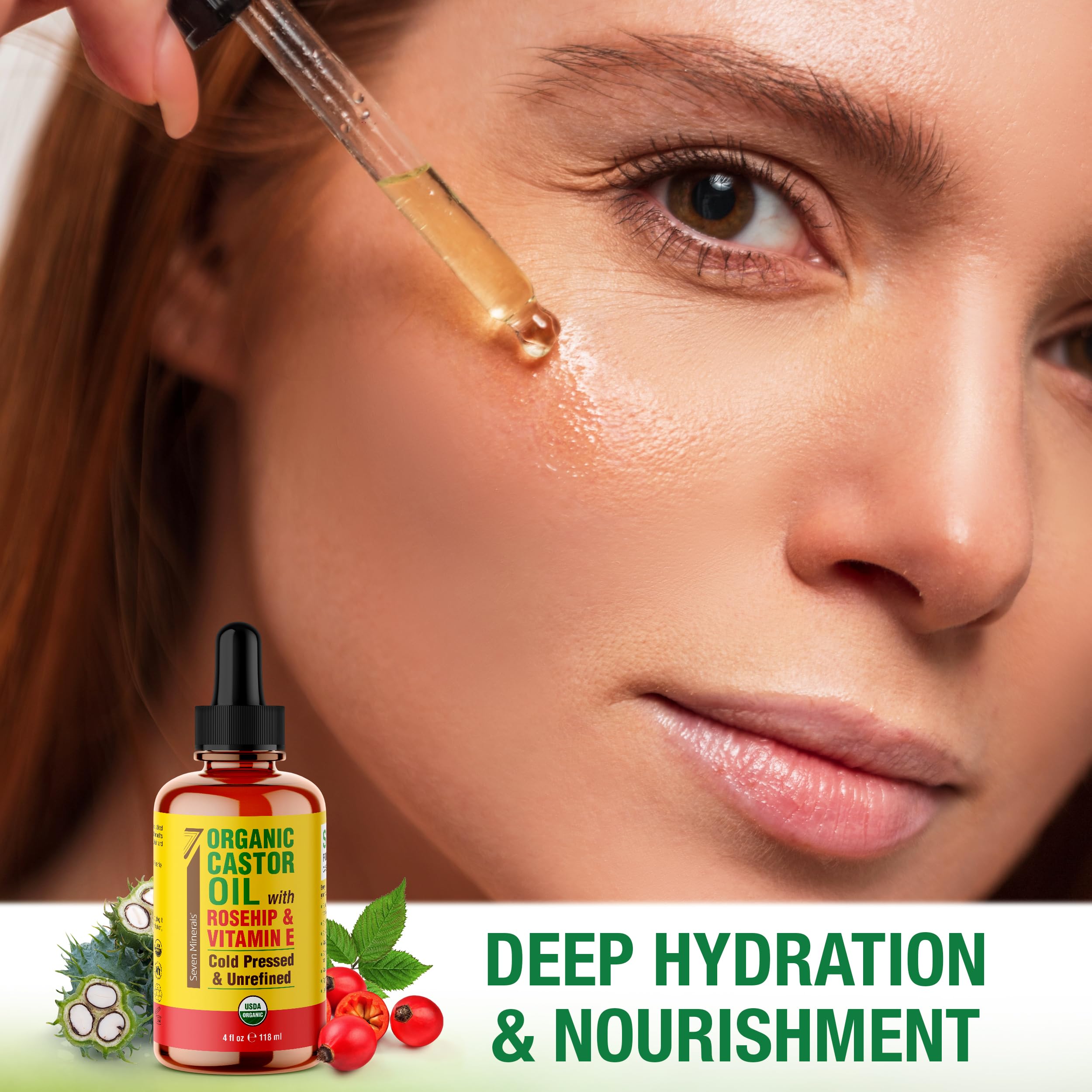 Seven Minerals castor oil hair growth scene showing scalp nourishment