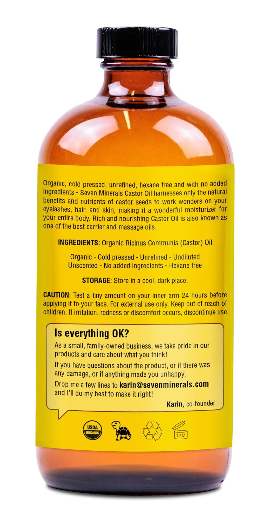 Seven Minerals hexane-free castor oil icon communicates a clean extraction process