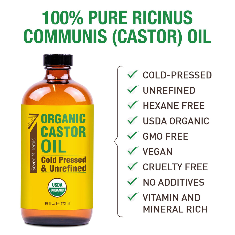 Seven Minerals castor oil pour close-up showing premium cold-pressed quality and viscosity