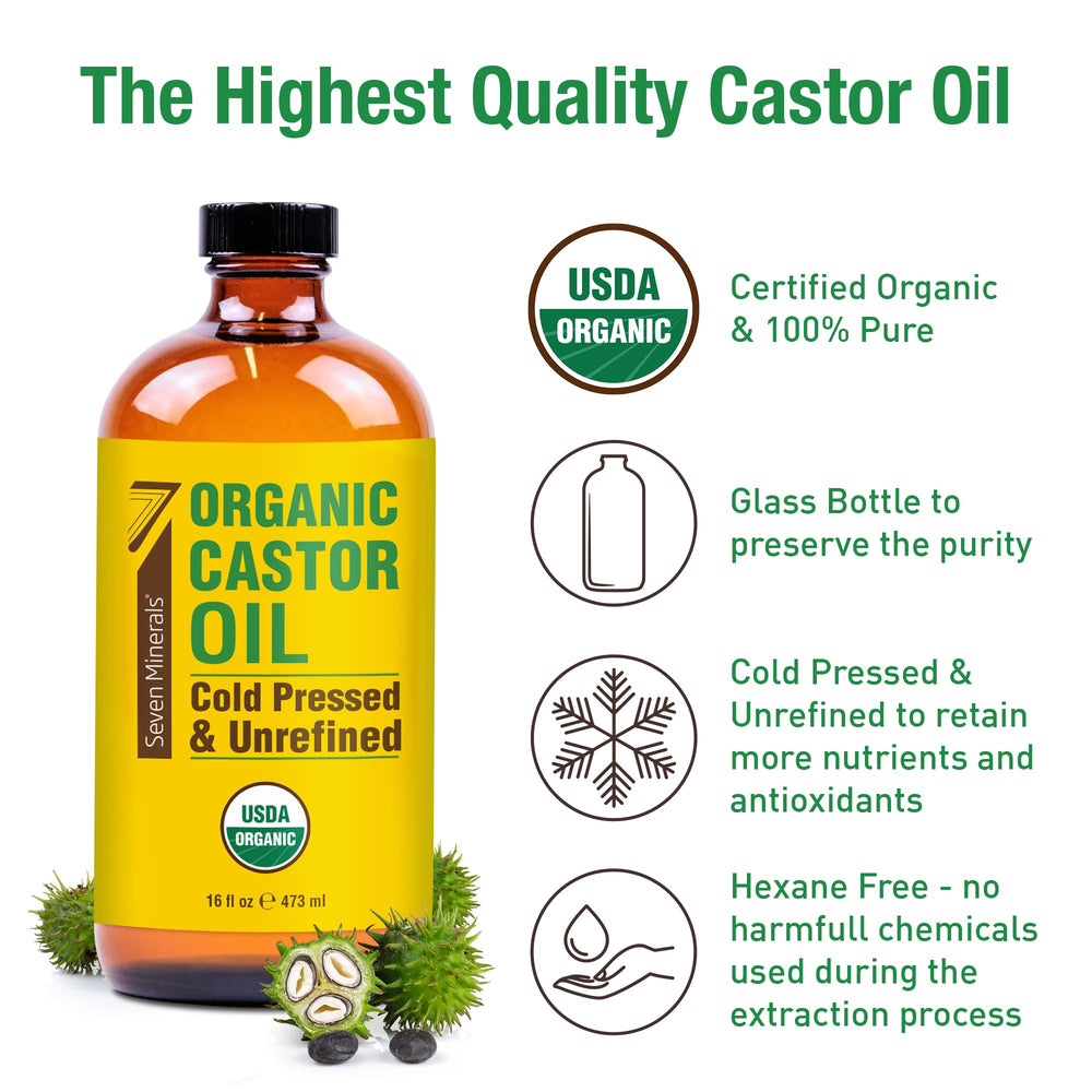 Seven Minerals organic castor oil in glass bottle highlights hexane-free purity for topically safe use
