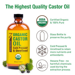 Seven Minerals organic castor oil in glass bottle highlights hexane-free purity for topically safe use
