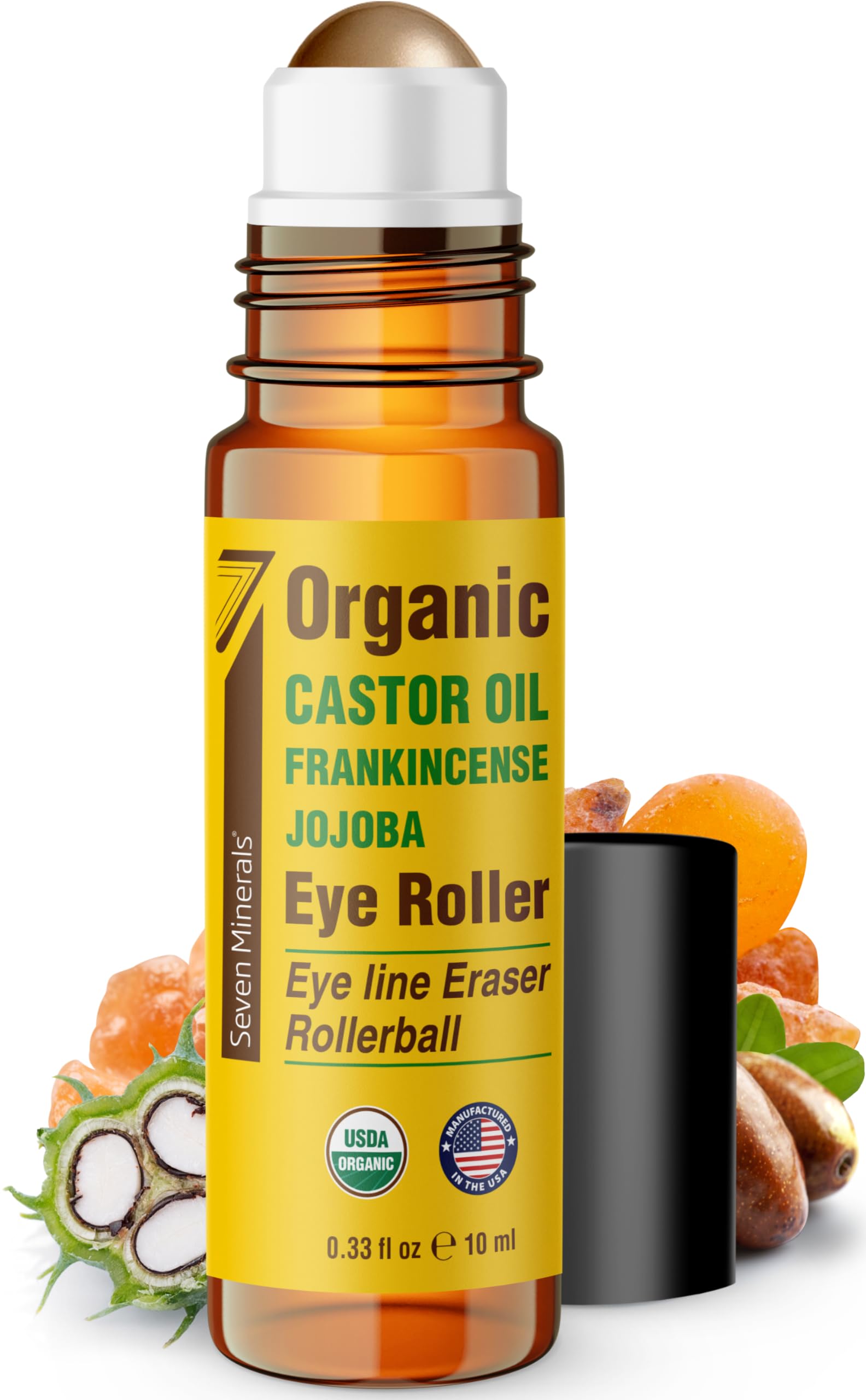 Seven Minerals Castor Oil Roll On Eye Roller bottle with soothing, portable design for on-the-go care.