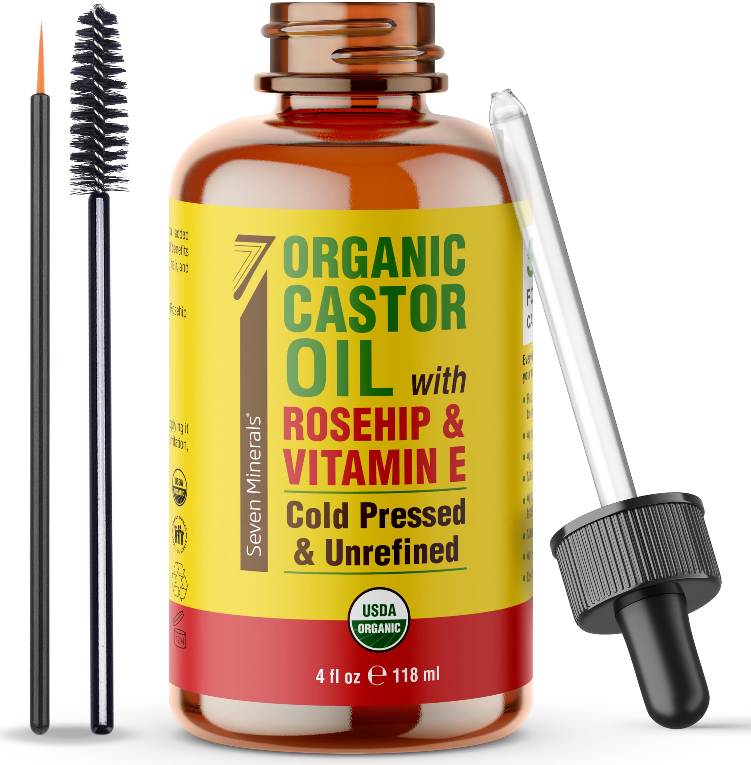 Seven Minerals castor oil rosehip bottle for skin hydration and lash nourishment