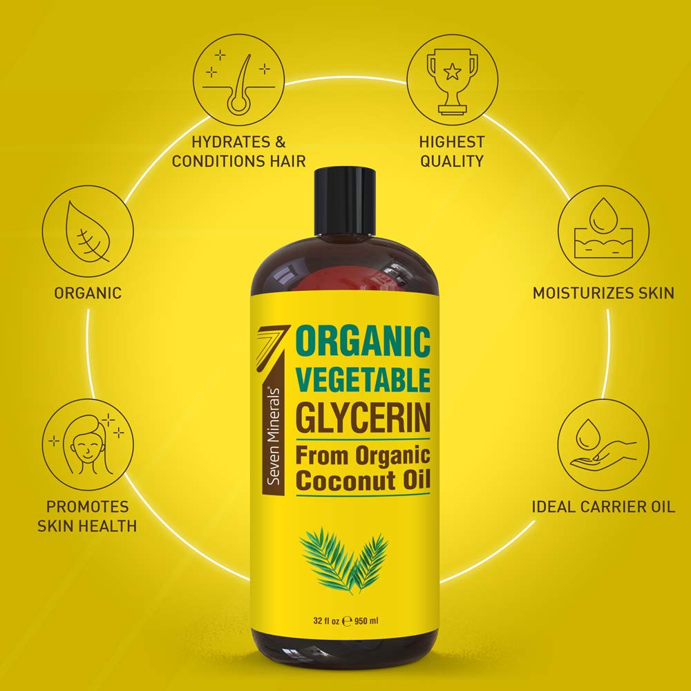 Seven Minerals vegan glycerin bottle highlights organic coconut-oil base for gentle moisturization.